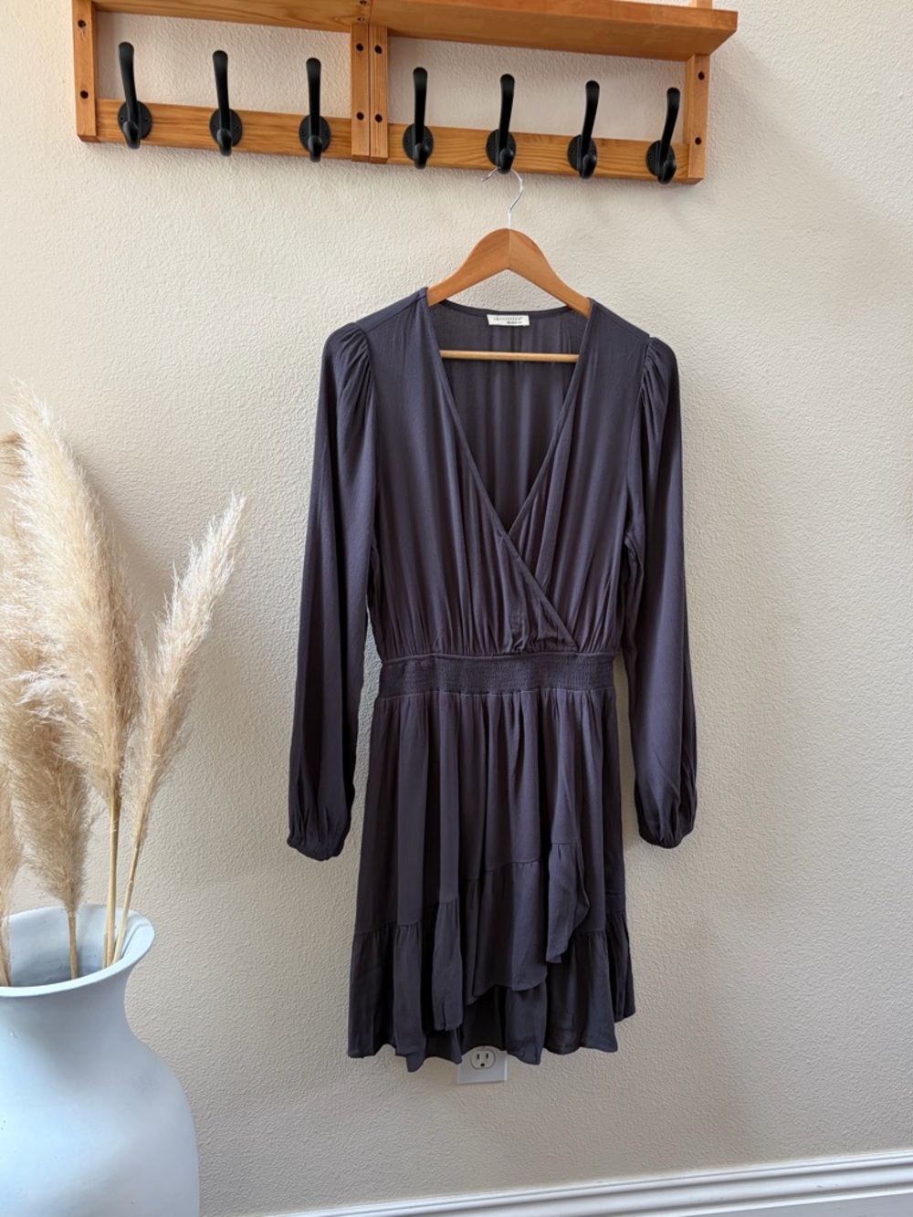 Lovestitch Dark Gray Long-Sleeve Wrap Tiered Dress